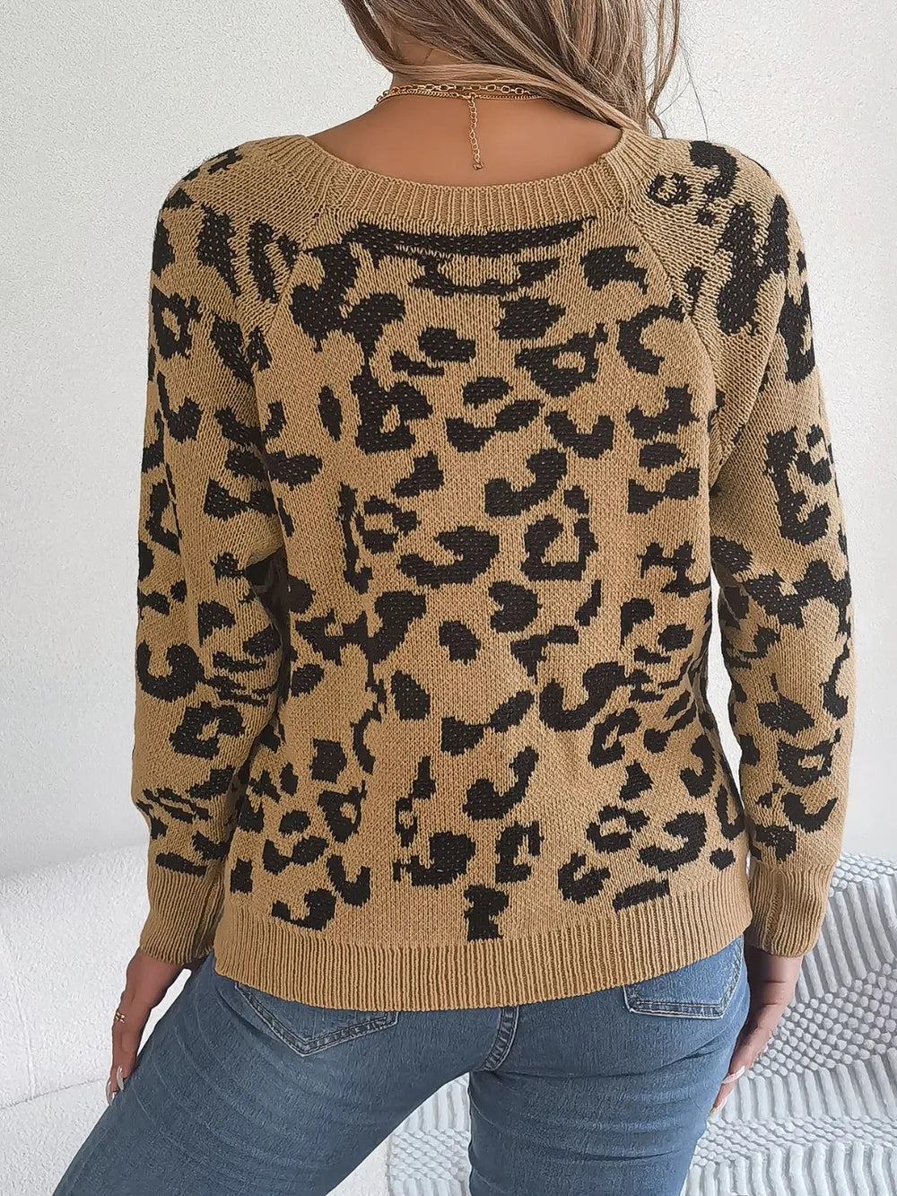 Women's Leopard Buttoned Square Neck Sweater