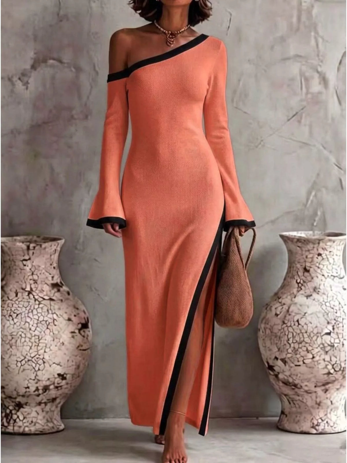 Women's Slit One-Shoulder Contrast Trim Maxi Dress - Coral