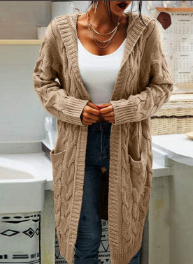Long Knitted Plus-size Solid-color Sweater With Long Sleeves And Pockets