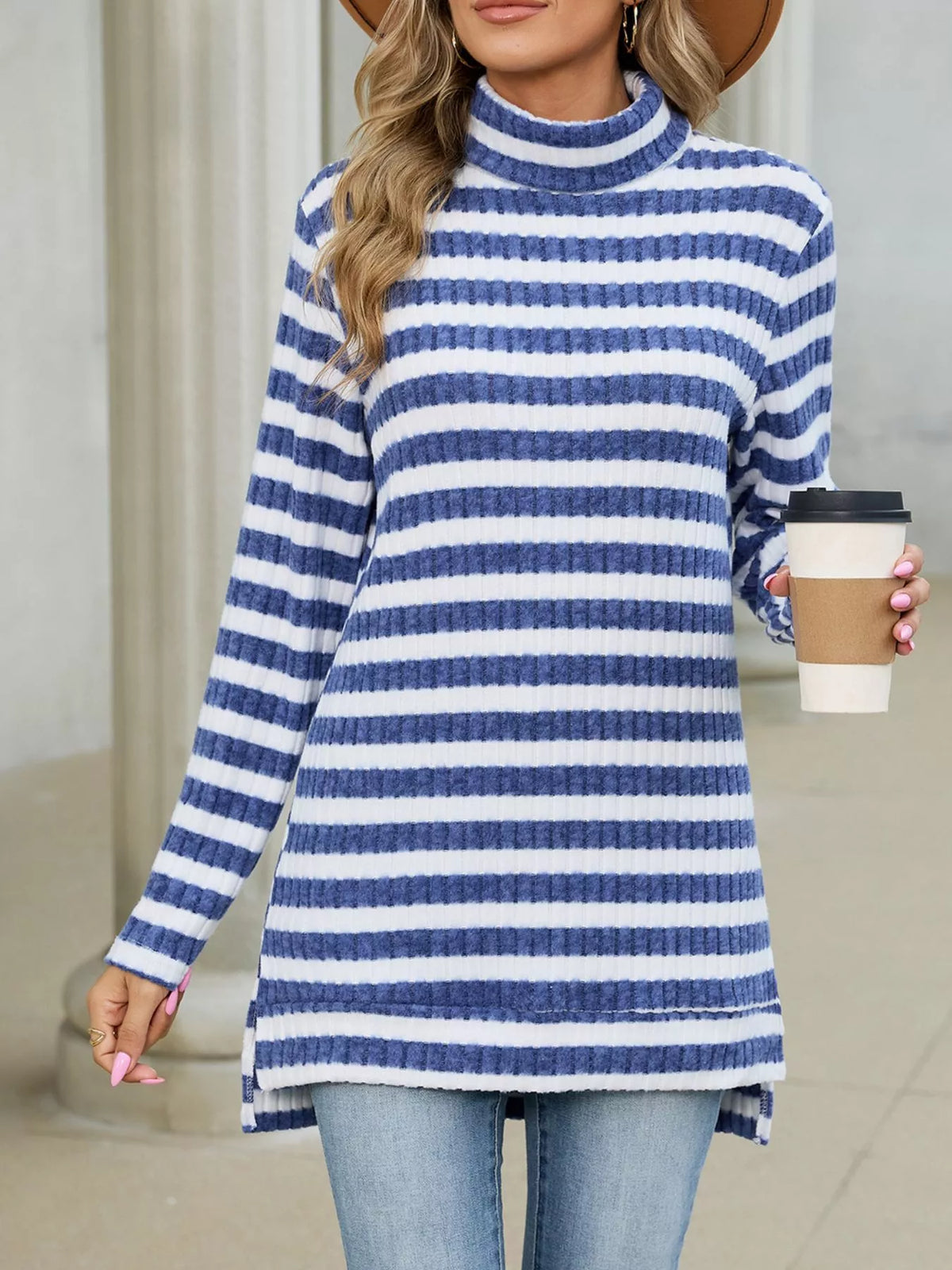 Women's Striped Ribbed Knit Turtleneck Long Sleeve T-Shirt