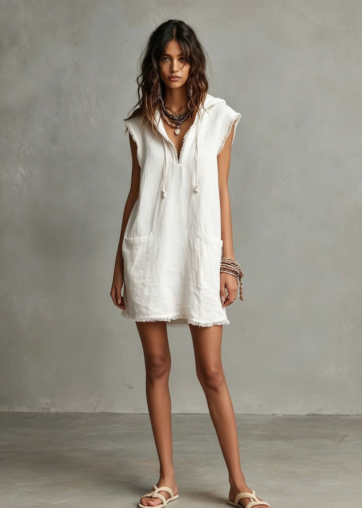 Minimalist Linen Blend Mini Dress, Hooded Sleeveless Lace Trim Solid Color Dress