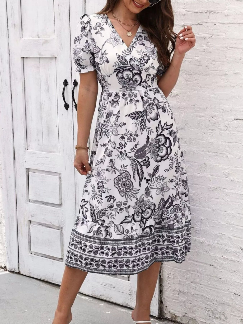Women's Floral Print Puff Sleeve Wrap Midi Dress