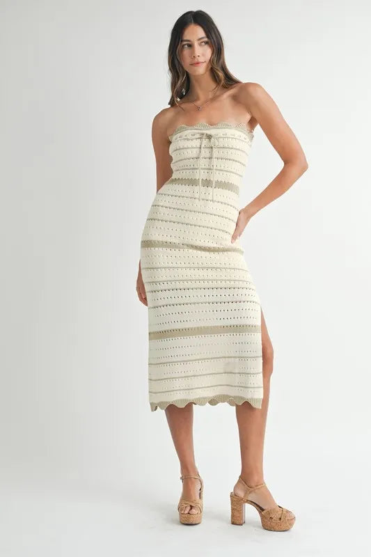 Women's LT TAUPE Contrast Striped Crochet Knit Midi Dress - LT TAUPE