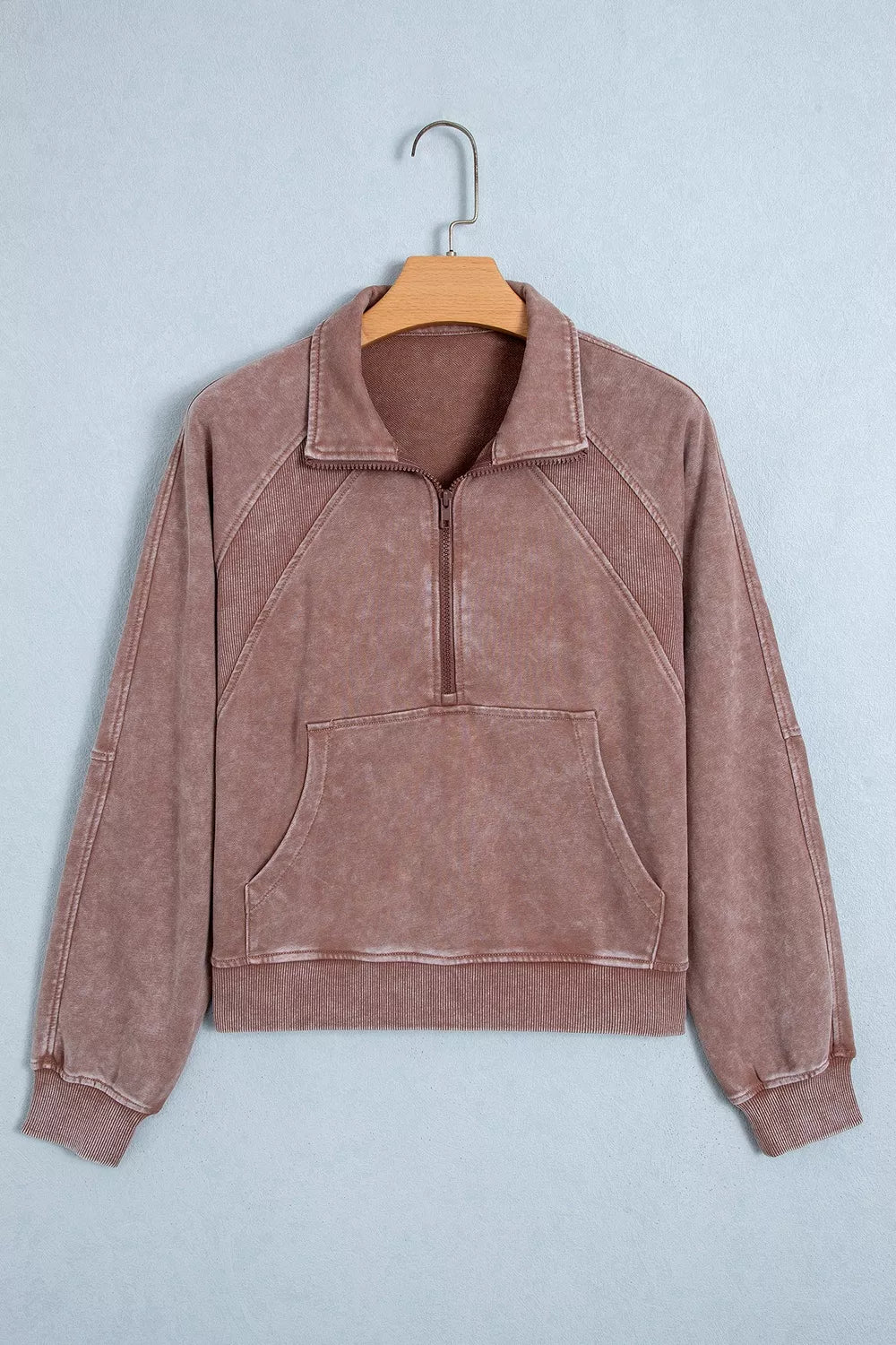 Women's Taupe Vintage Half-Zip Long Sleeve Ribbed Cuffs Hem Shift Silhouette Sweatshirt - Taupe