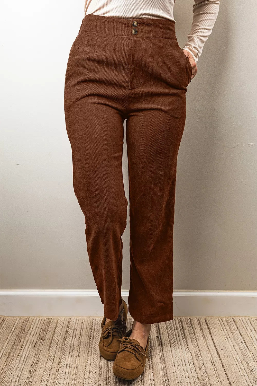 Women's Dark Brown Elastic Waist Straight Leg Ankle Length Corduroy Pants - Dark Brown