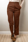 Women's Dark Brown Elastic Waist Straight Leg Ankle Length Corduroy Pants - Dark Brown