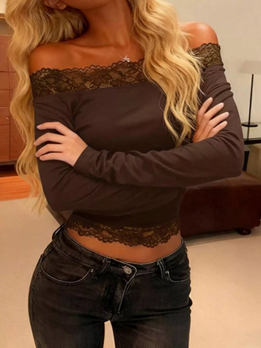 Women's Off-Shoulder Lace Trim Long Sleeve T-Shirt