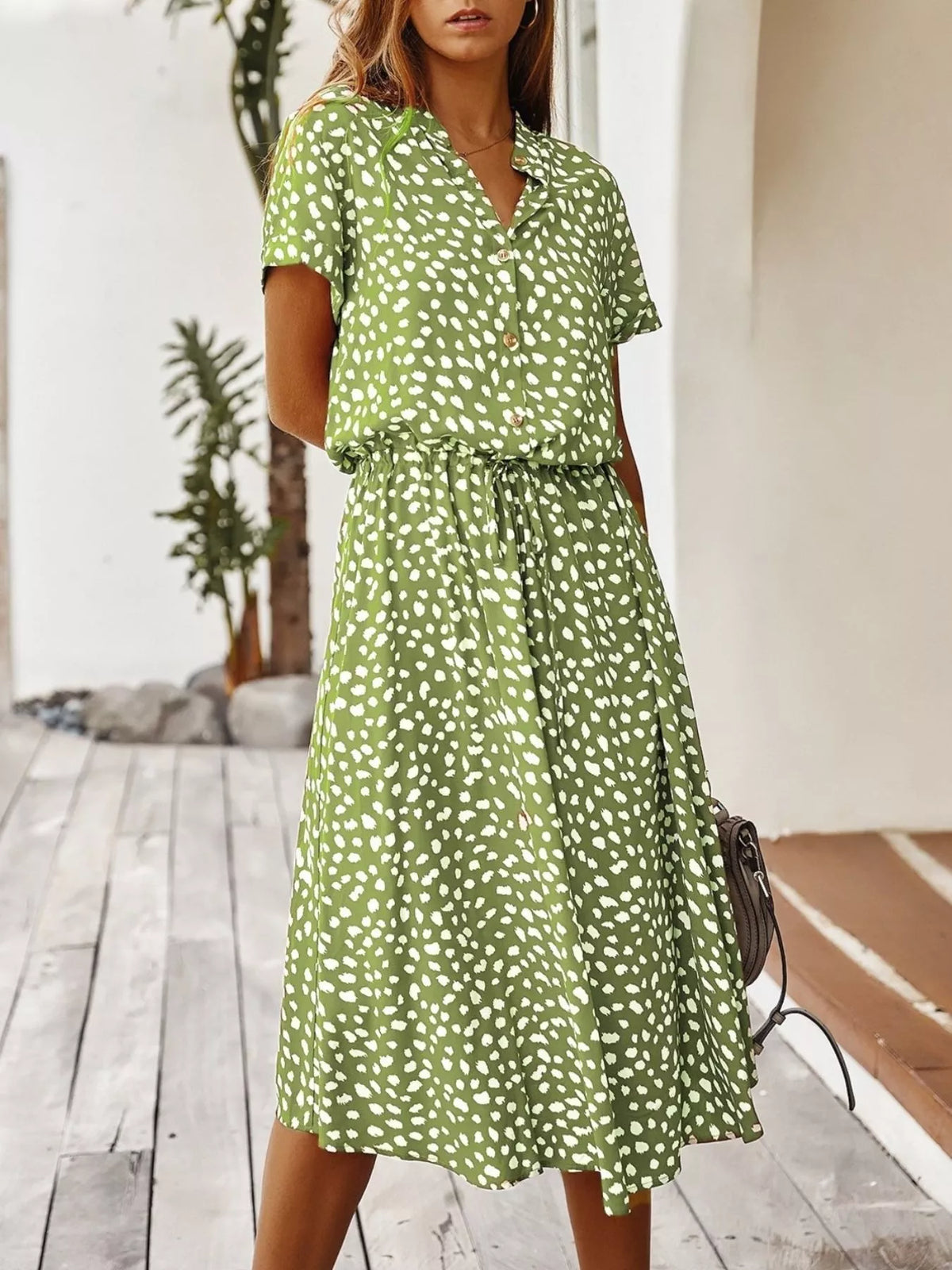 Animal Print Drawstring Waist Midi Dress