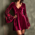 Velvet Mini Dress For Women, V Neck Bell Long Sleeve Floral Embroidery Boho Swing Short Dress