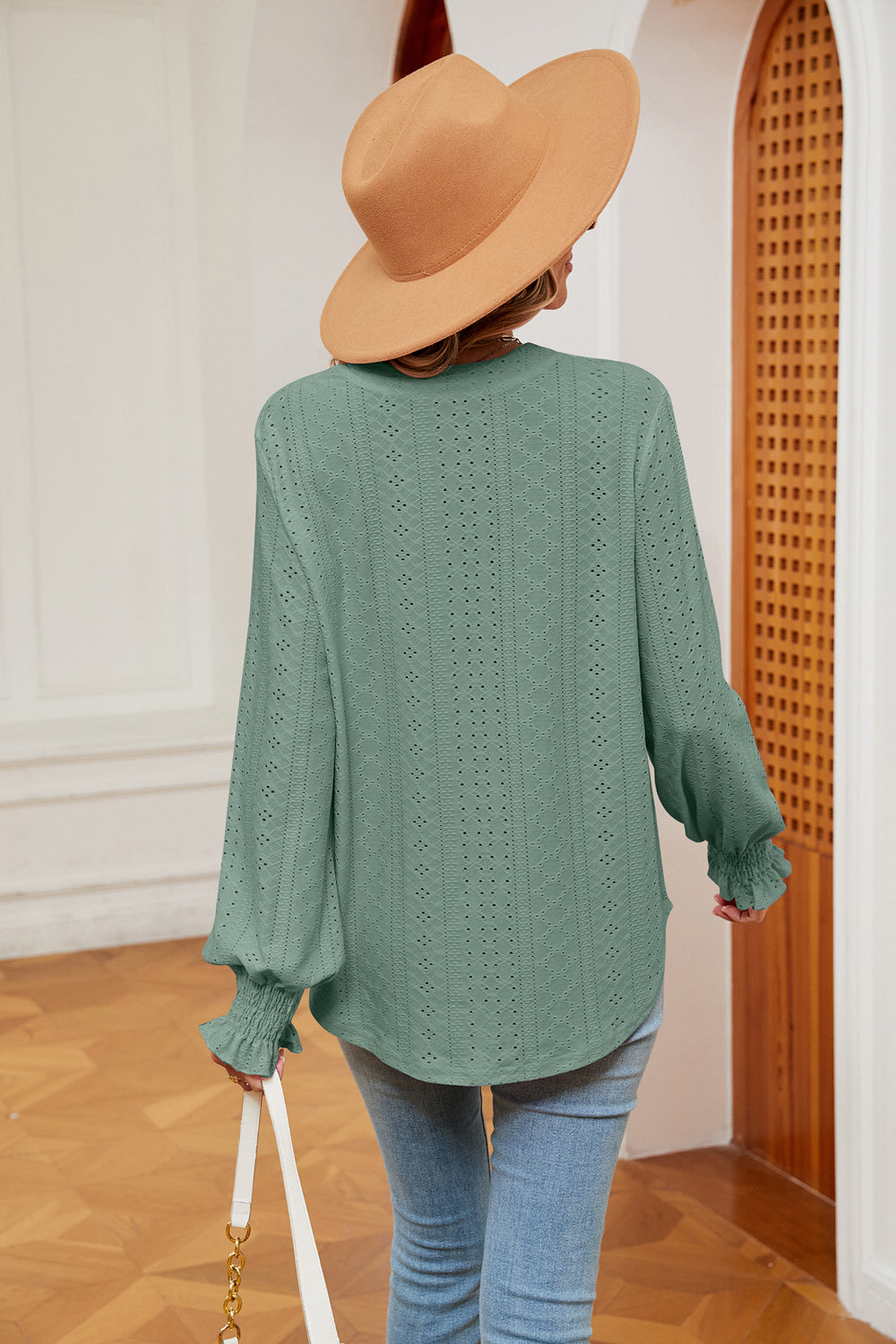 Women's Notched Neck Flounce Sleeve Blouse