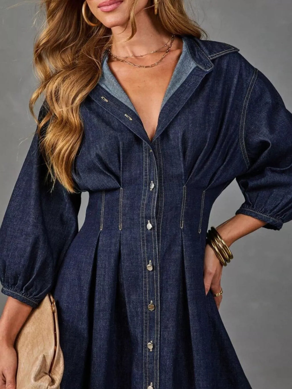 Women's Dark Blue Button Down 3/4 Sleeve Denim Dress - Dark Blue