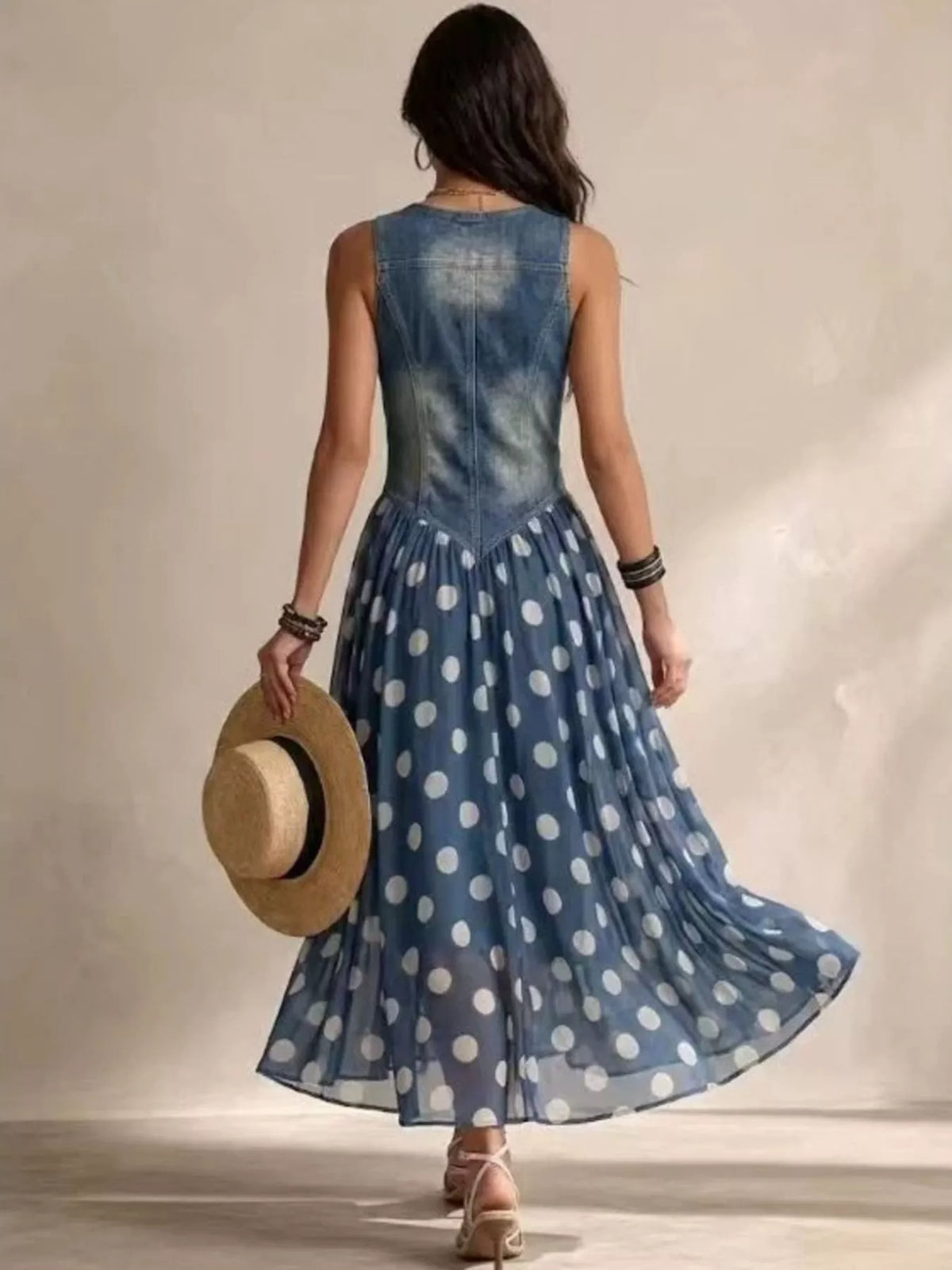 Women's Medium Polka Dot Denim Bodice Sleeveless Maxi Dress - Medium
