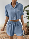 Women's Contrast Lapel Collar Cropped Shirt and Shorts Lounge Set - Light Blue
