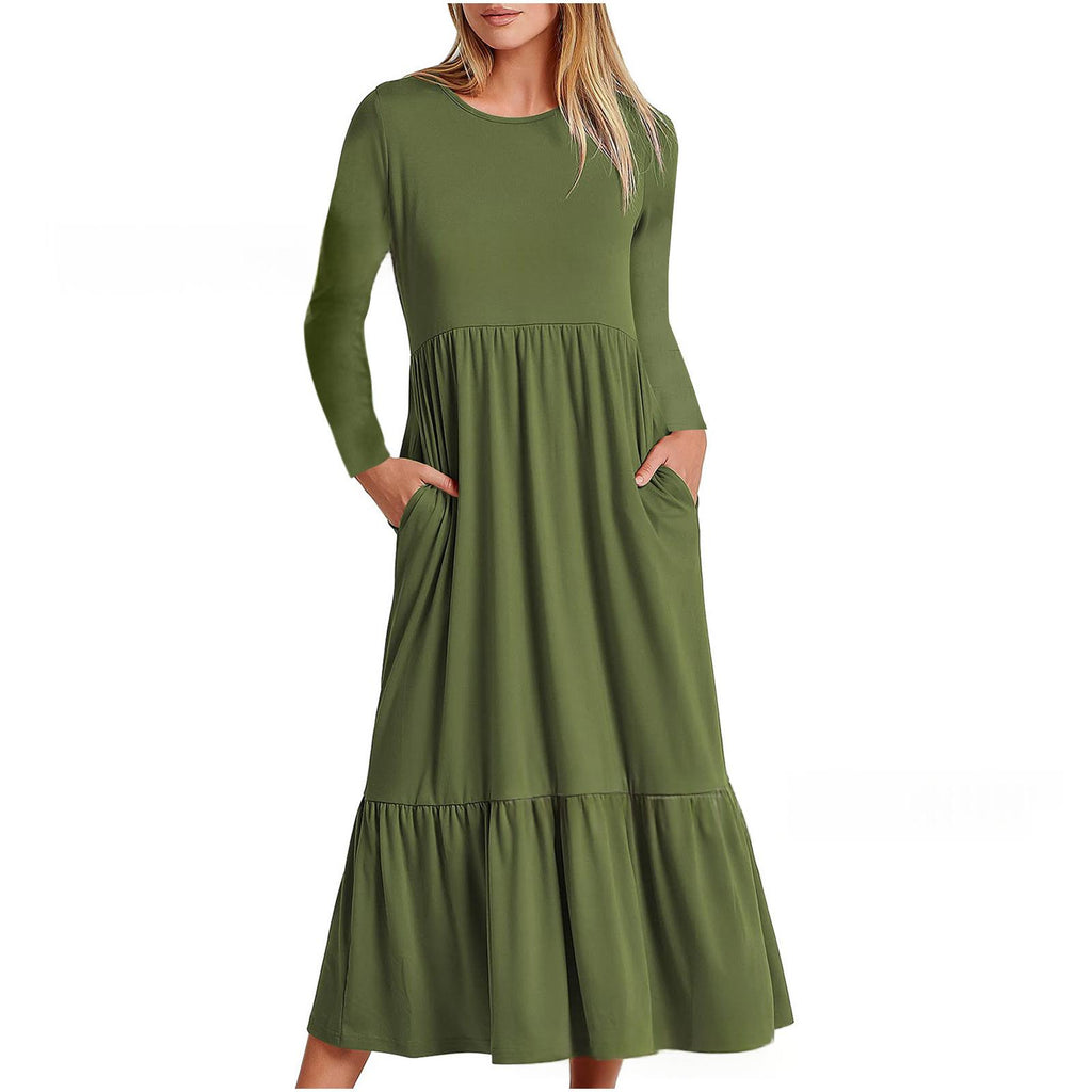 Elegant Round-neck Pleated Solid-color Maxi Dress
