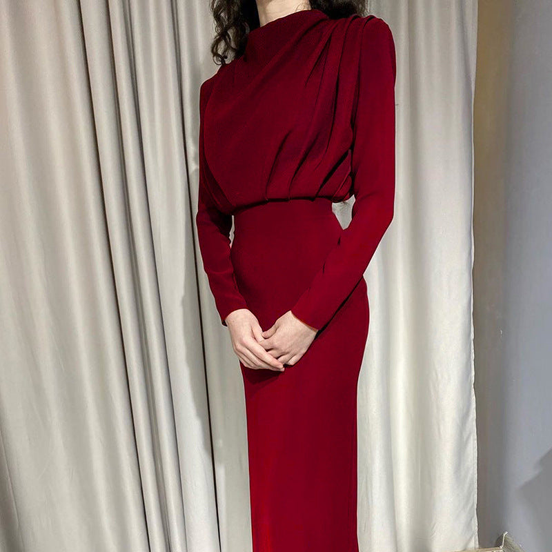 2024 Autumn New Fashion Temperament Waist Western Style Solid Color Long Sleeve Dress Wholesale