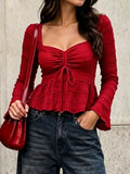 Women's Textured Sweetheart Neck Flare Sleeve Top - Red
