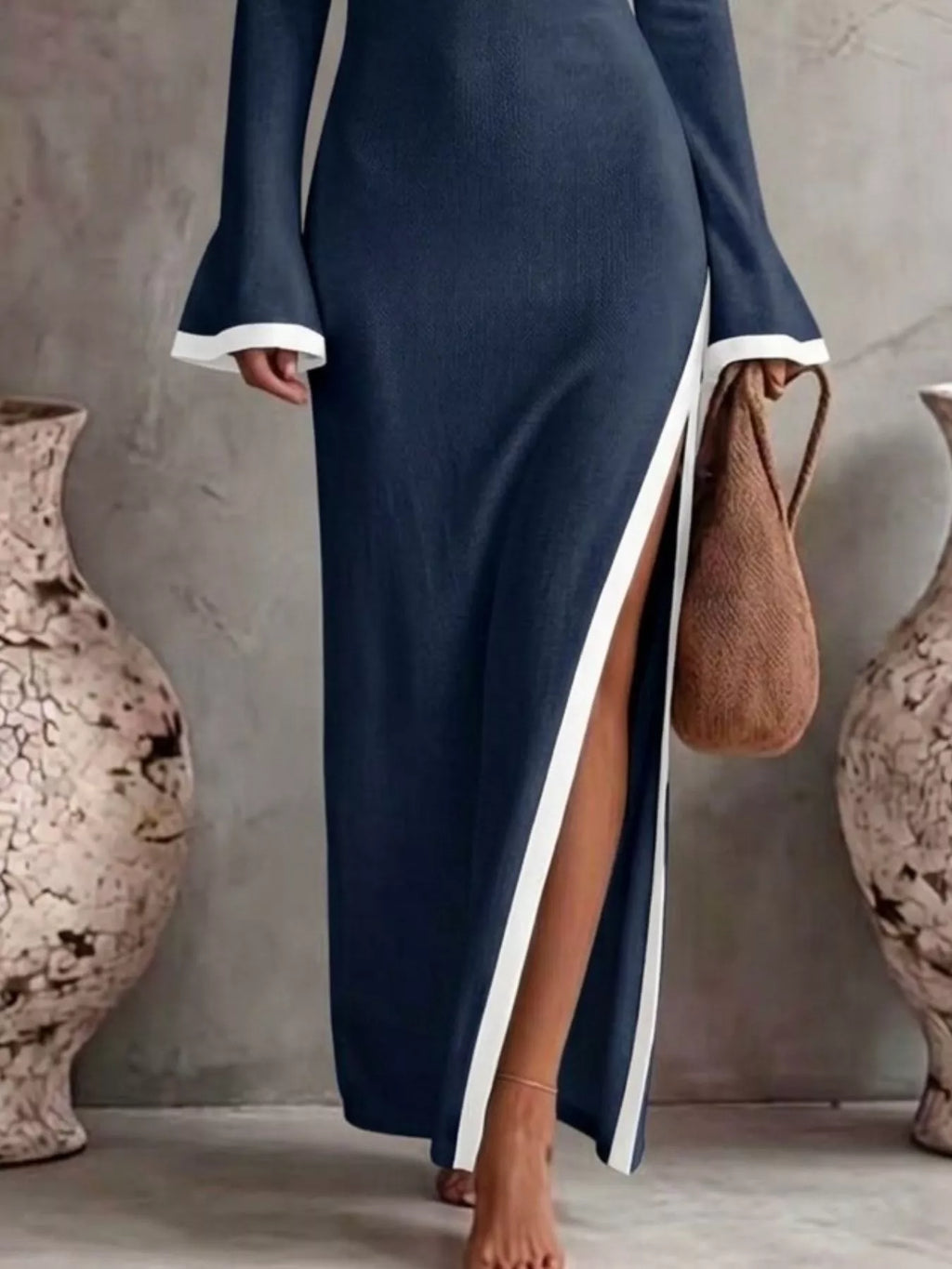 Women's Slit One-Shoulder Contrast Trim Maxi Dress