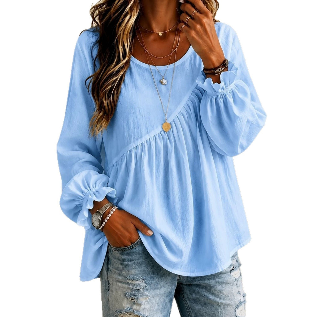 Women's 2026 New Cross-Border European And American Style Women's Solid Color Round Neck Long Sleeve Ruched Shirt Top, Casual Versatile Loose Fit