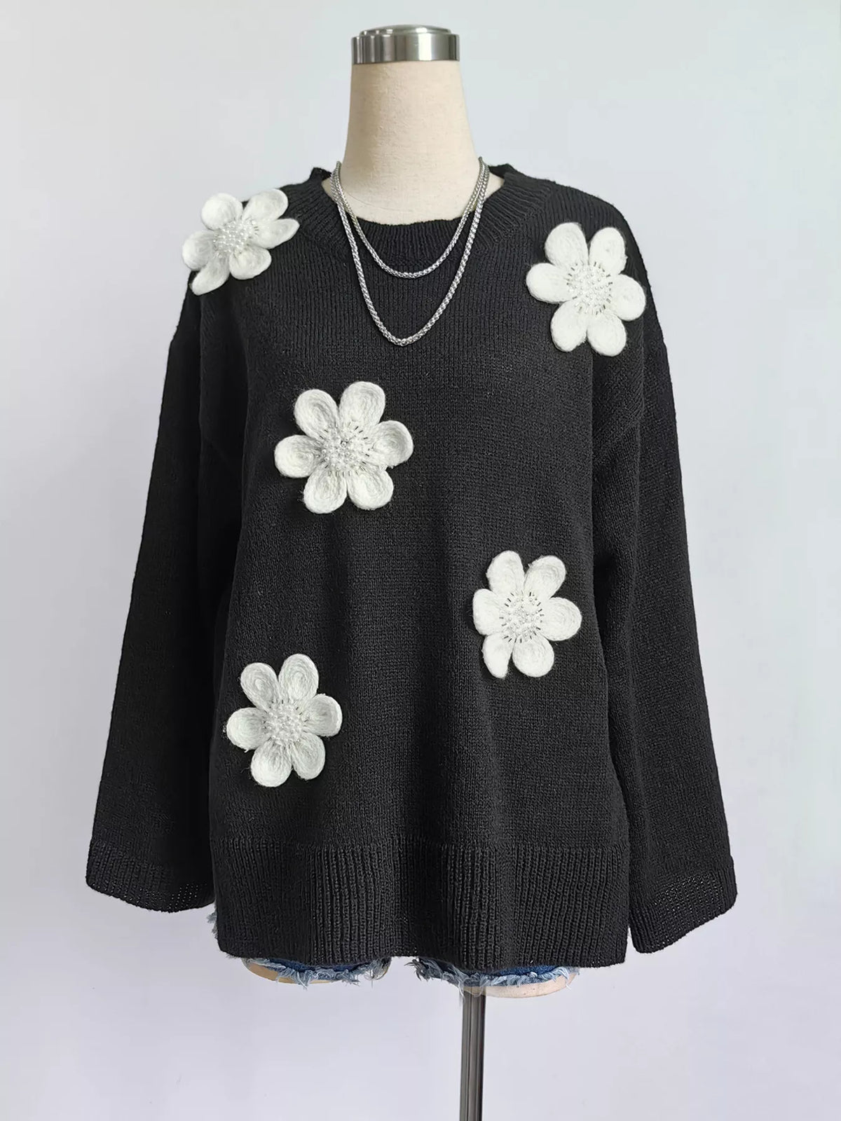 Women's Floral Applique Crew Neck Sweater