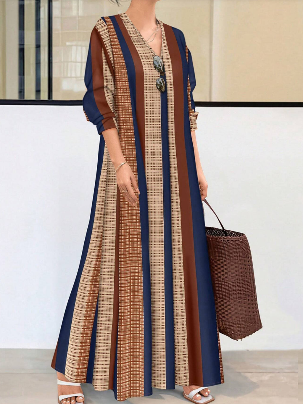 Women's Camel Popular European And American Cross-Border Amazon Fashion Casual Vertical Stripesd V Neck Dress Qing - Camel