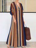 Women's Camel Popular European And American Cross-Border Amazon Fashion Casual Vertical Stripesd V Neck Dress Qing - Camel