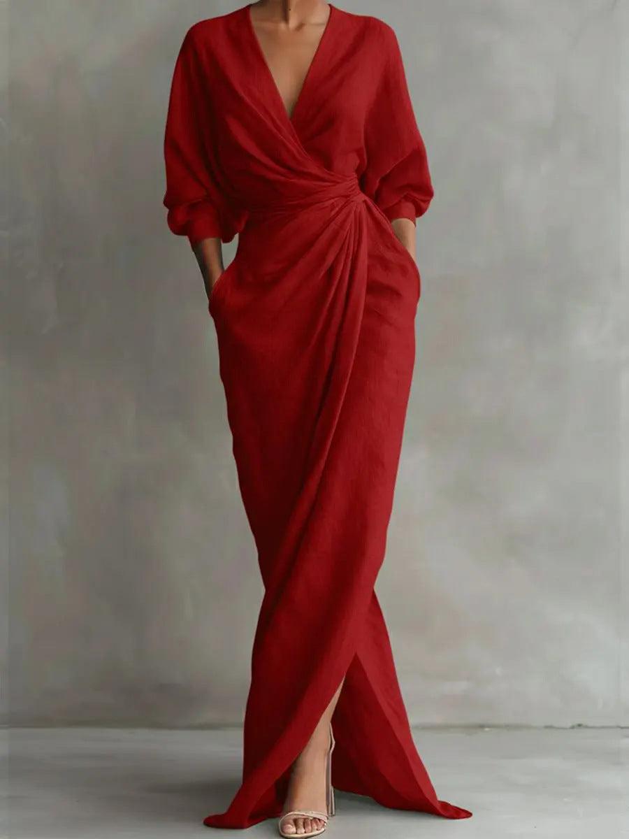 New Style Elegant Solid Color V-Neck Long Sleeve Slit Waist-Cinching Pocket Long Dress For Independent Sites