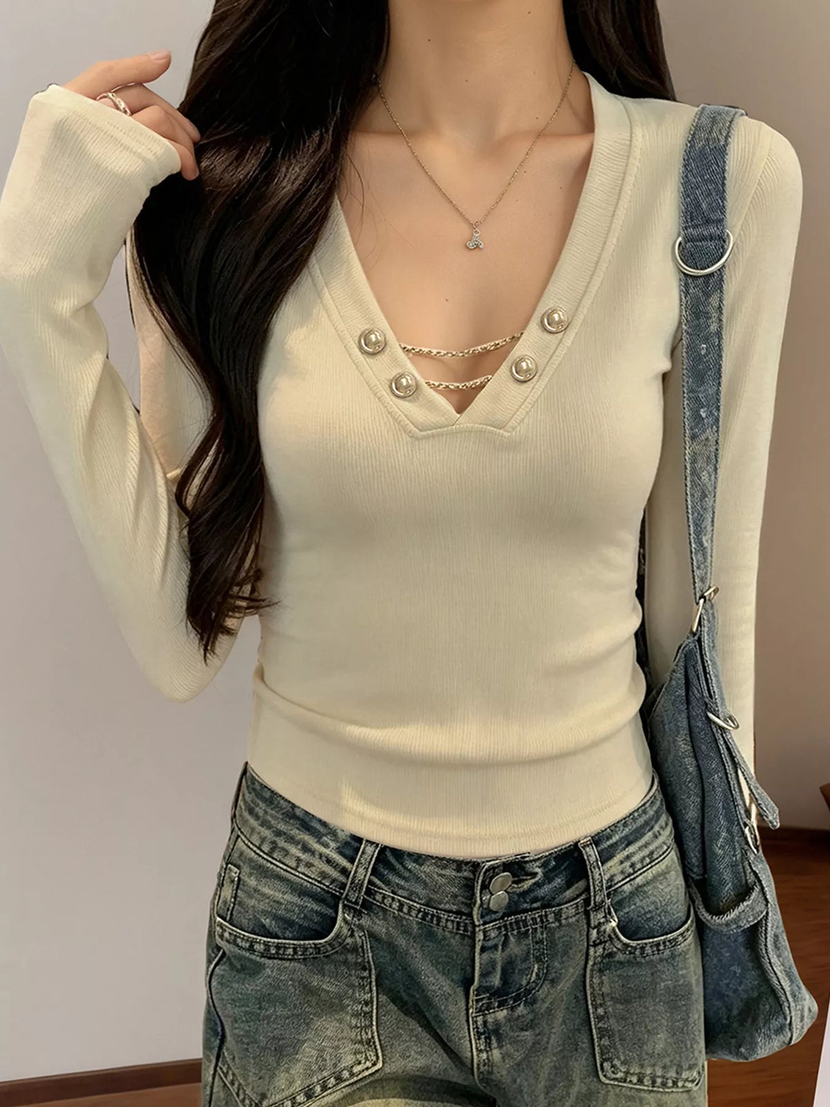 Women's Decorative Pearl Buttons V-Neck Long Sleeve T-Shirt - Khaki