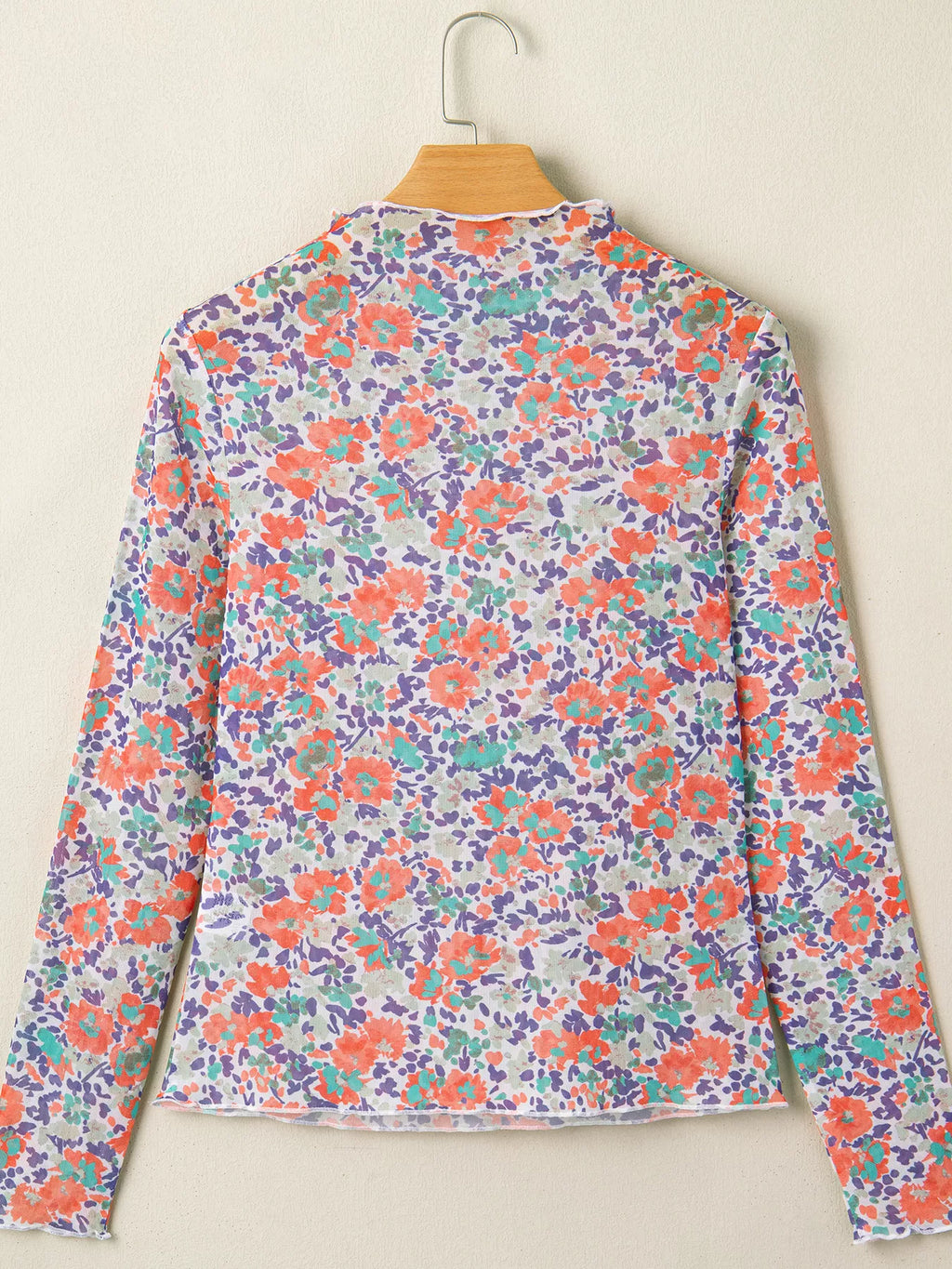 Women's Floral Print Sheer Mesh Long Sleeve Mock Neck Top - Floral