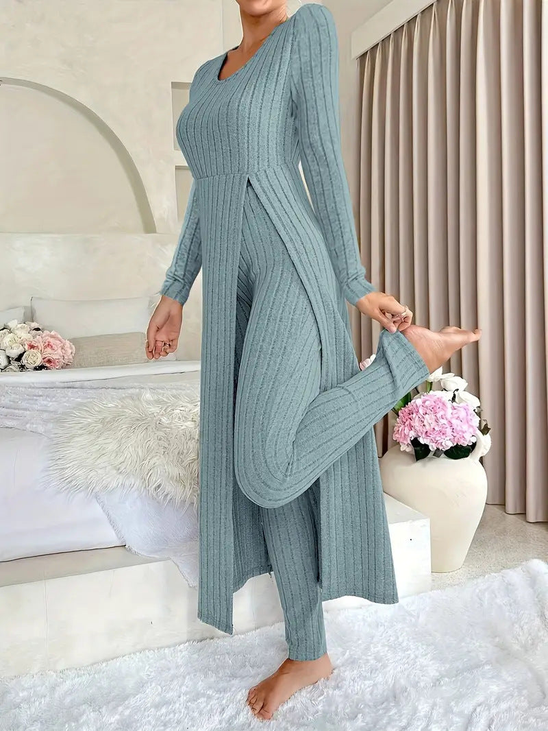New Design Round Neck Slit Long Sleeve Two-Piece Set
