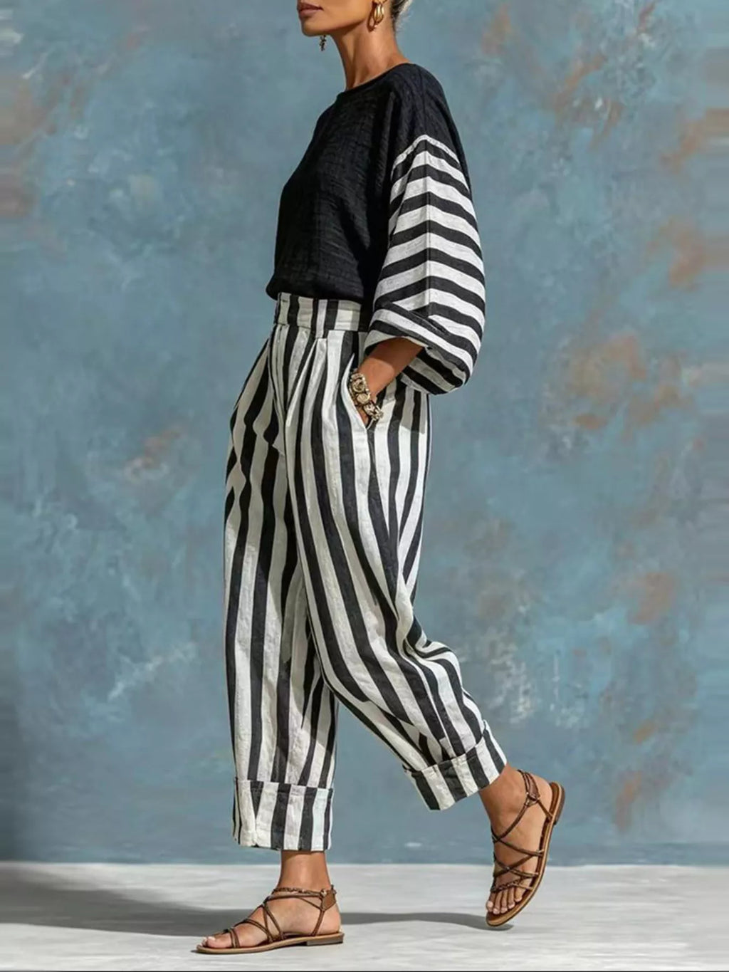 Women's Black Striped Long Sleeve Top and Pants Set - Black