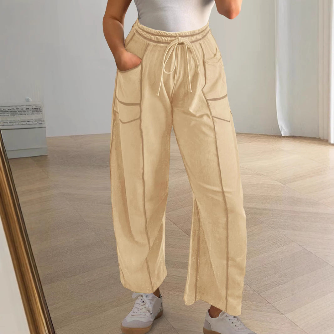New -style Solid-color Casual Drawstring Elastic-waist Trousers With Pockets