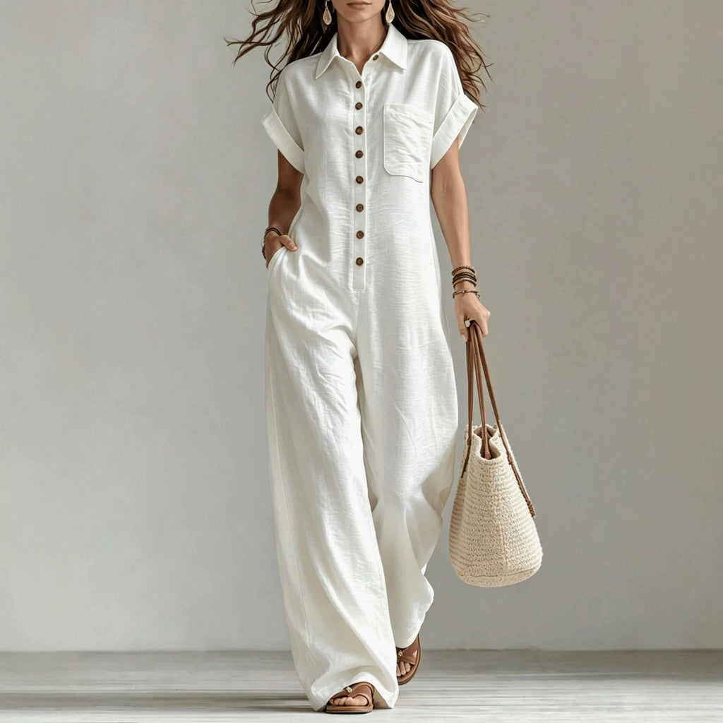 Loose-fitting Short-sleeve Button-front Wide-leg Jumpsuit