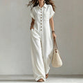 Loose-fitting Short-sleeve Button-front Wide-leg Jumpsuit