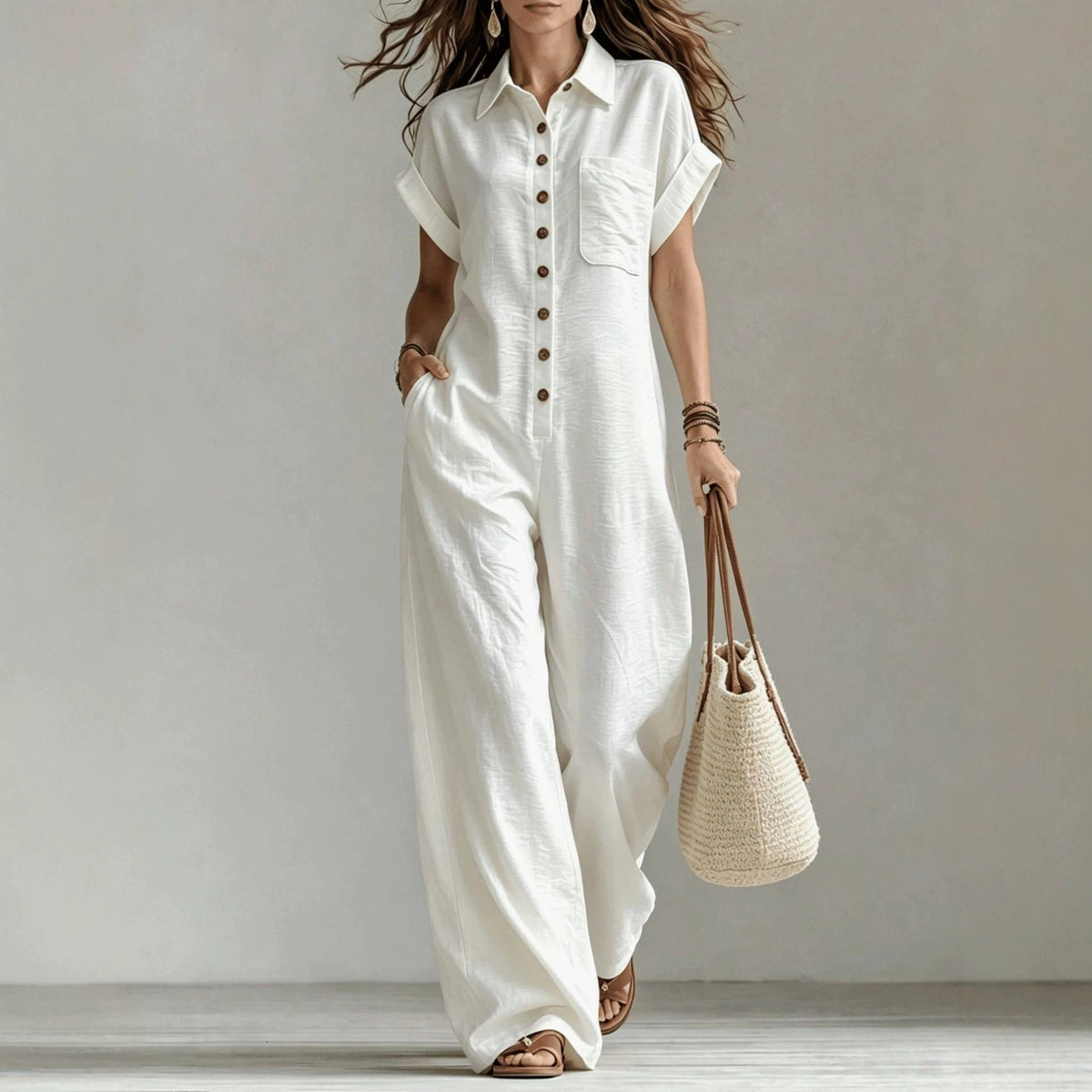 Loose-fitting Short-sleeve Button-front Wide-leg Jumpsuit