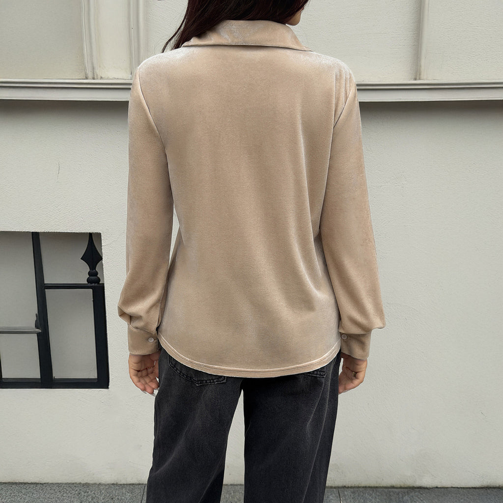 Velvet Lapel Single-breasted Pocket Blouse For Women