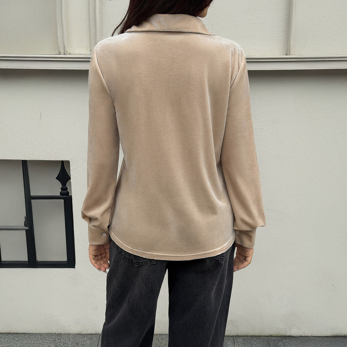 Velvet Lapel Single-breasted Pocket Blouse For Women
