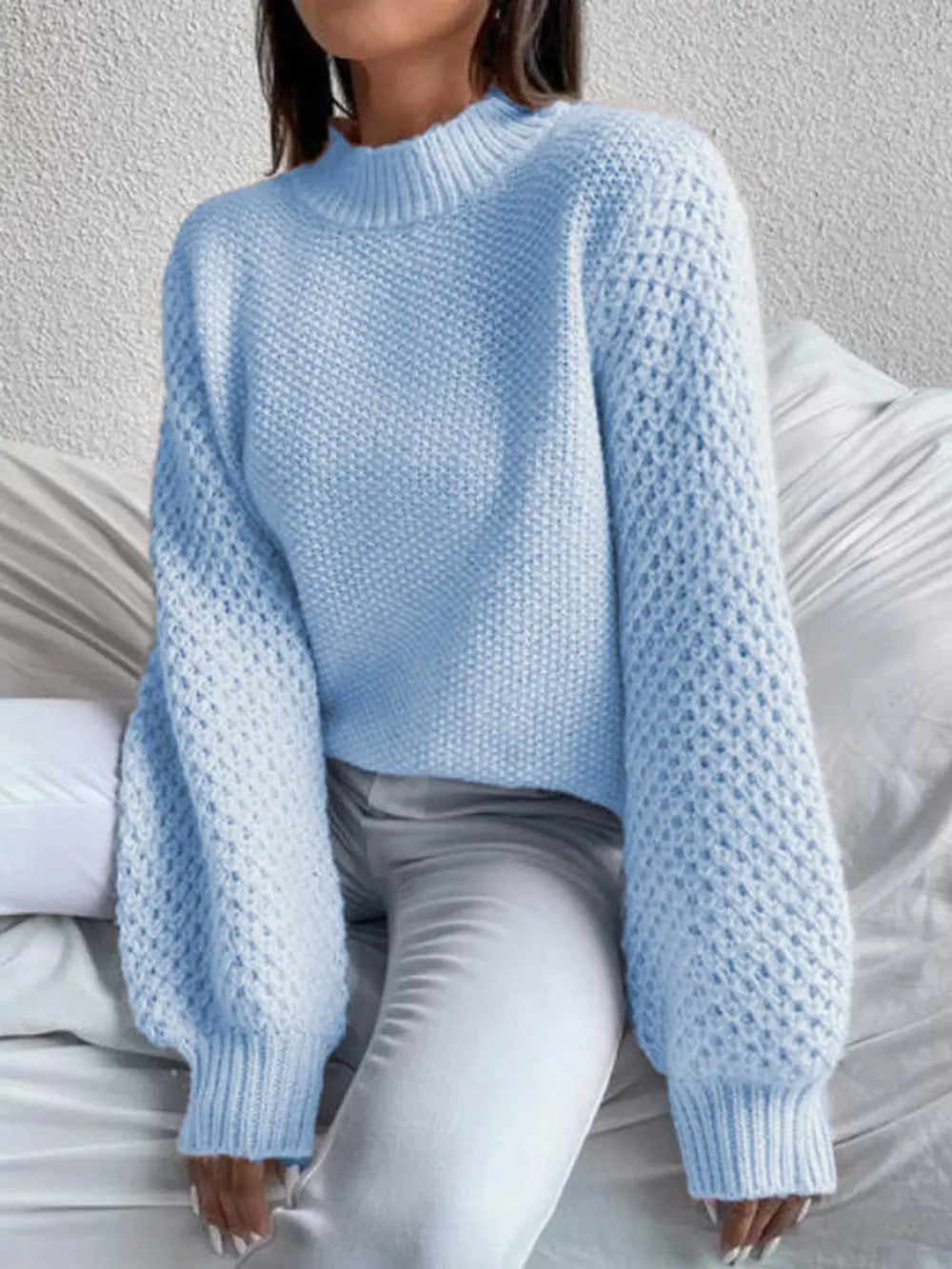 Women's Openwork Mock Neck Long Sleeve Sweater
