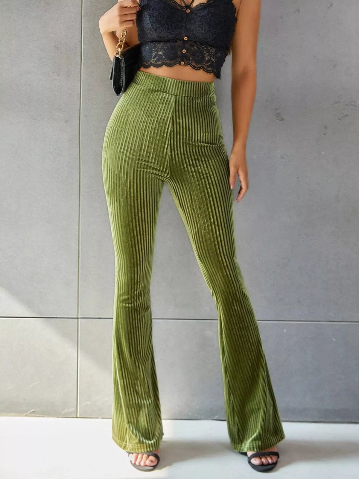 Women's Matcha Green High-Waisted Ribbed Velvet Flare Pants - Matcha Green