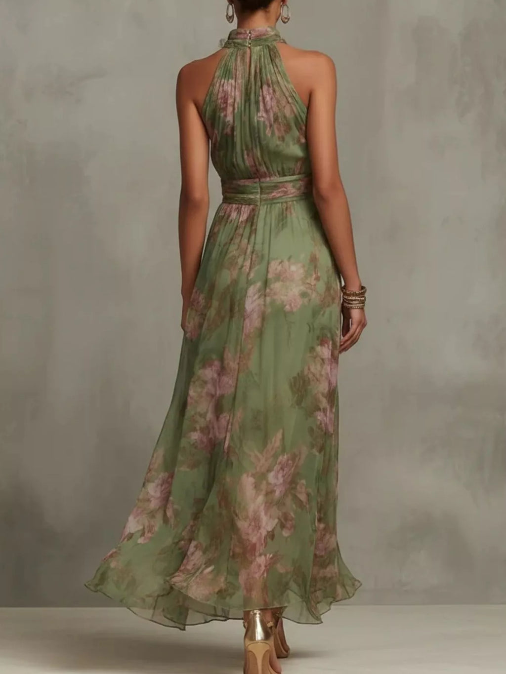 Women's Green Floral Print Sleeveless Maxi Dress - Green