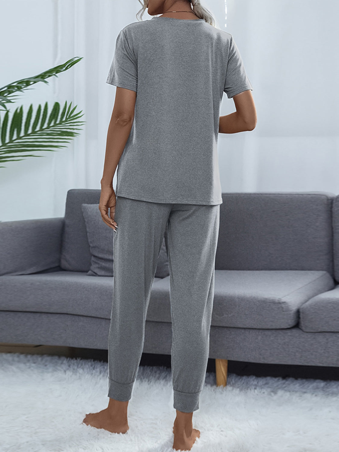 Women's Round Neck Short Sleeve Top and Pants Set