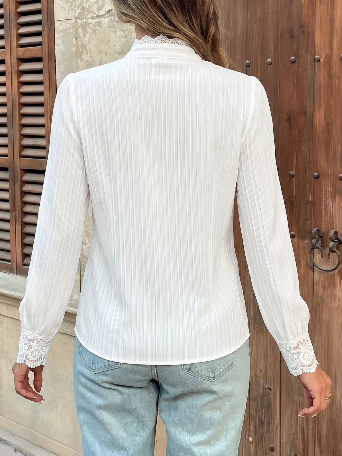 Women's White Lace Detail Long Sleeve Shirt - White