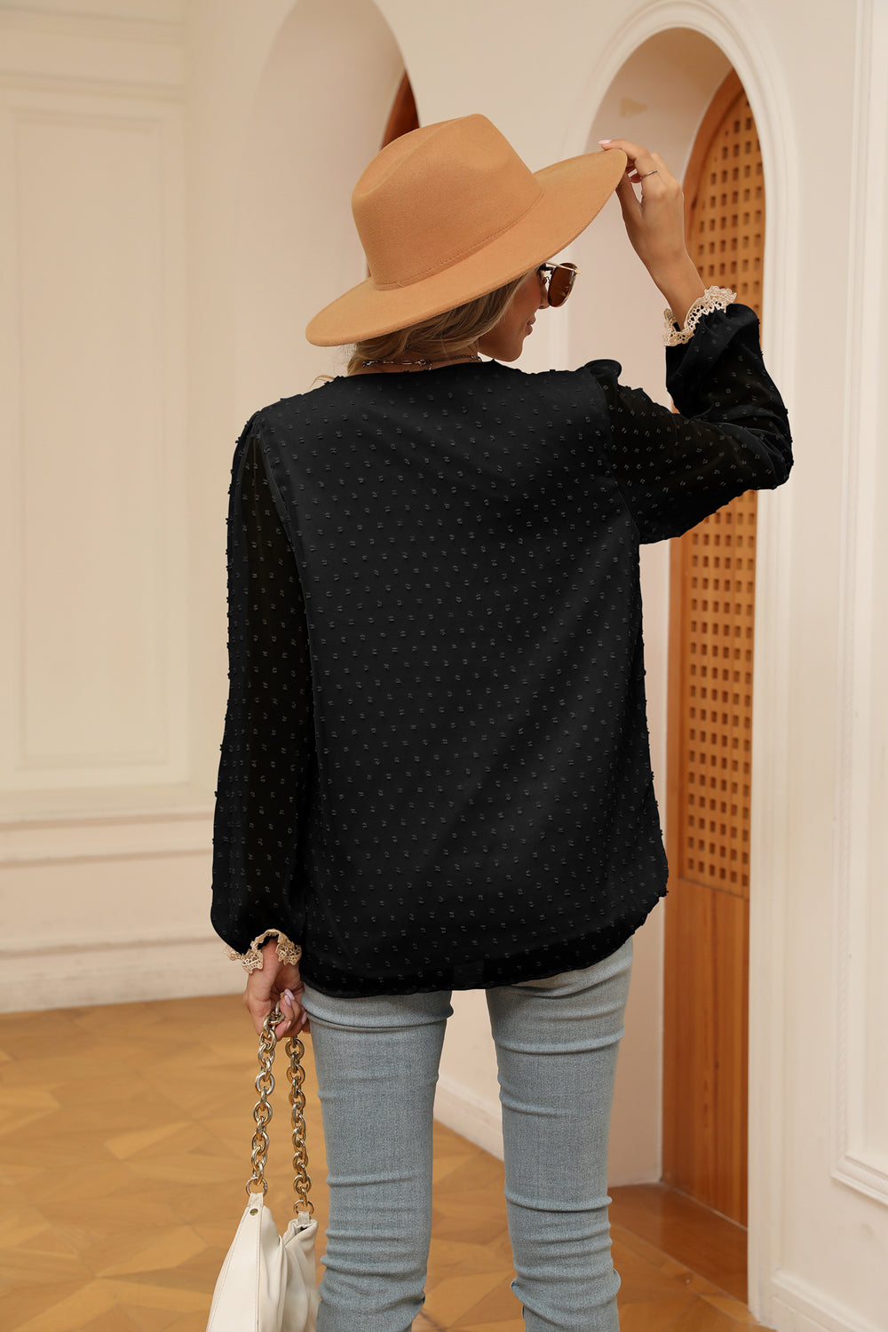 Women's Swiss Dot Contrast V-Neck Blouse
