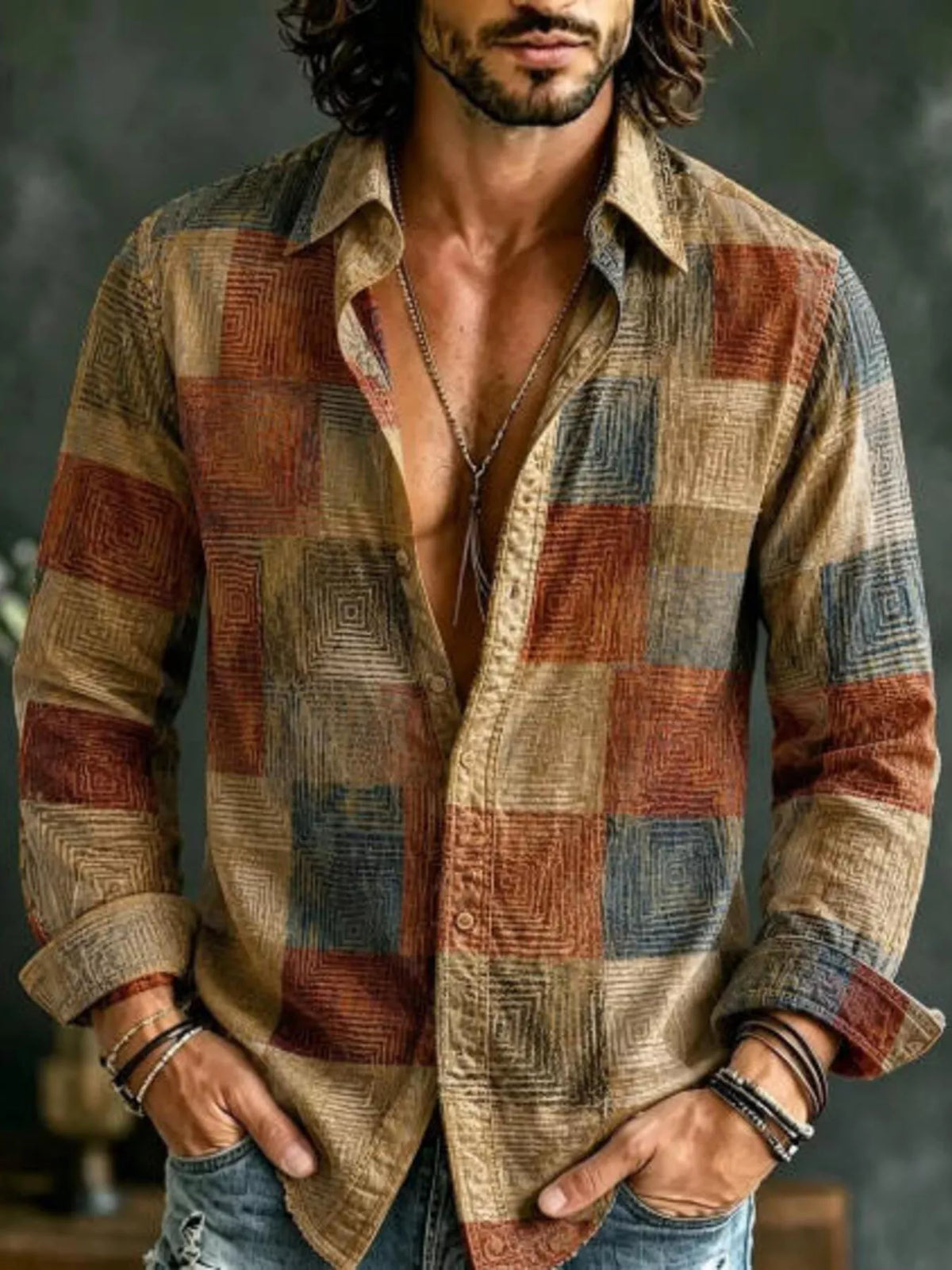 Men's Full Size Vintage Multi-Color Striped Long Sleeve Shirt Plus Size