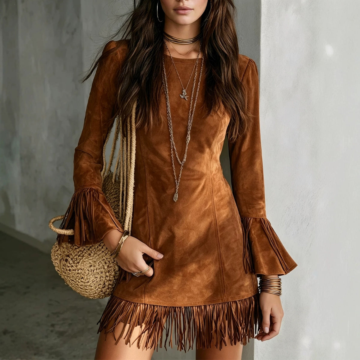 Women's Faux Suede Tassel Slim-fit Long Dress