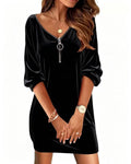 Autumn Winter New Women's Fashion Gold Velvet Casual Solid Color V-neck Zipper Long Sleeve Dress For Women