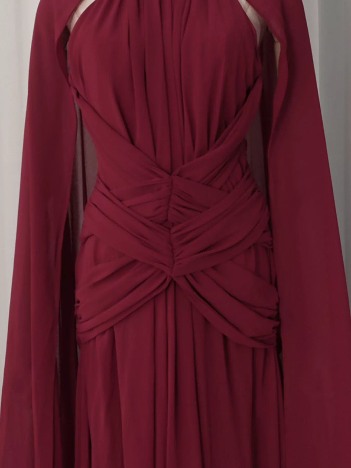 Women's Red Ruched Halter Neck Cape Maxi Dress - Red