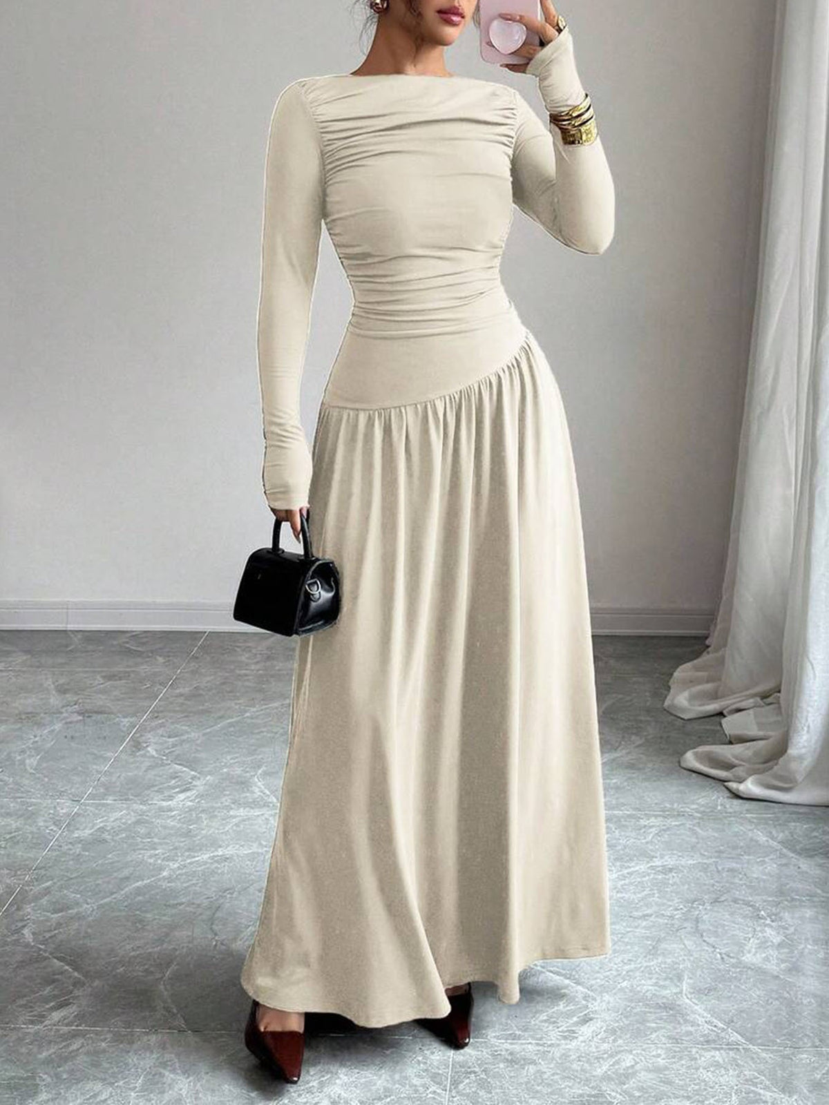 High-end Autumnwinter New Long-sleeve Pleated-waist Off-shoulder Maxi Dress