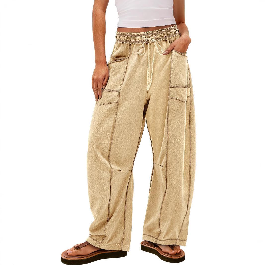 New -style Solid-color Casual Drawstring Elastic-waist Trousers With Pockets