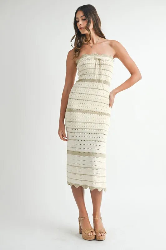 Women's LT TAUPE Contrast Striped Crochet Knit Midi Dress - LT TAUPE