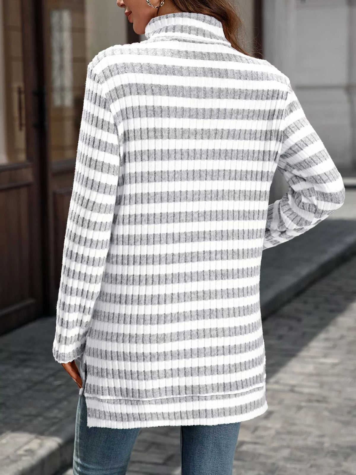 Women's Striped Ribbed Knit Turtleneck Long Sleeve T-Shirt